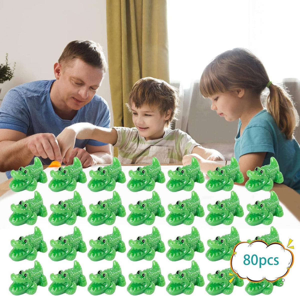 Children playing with a pile of green mini crocodile resin figurines