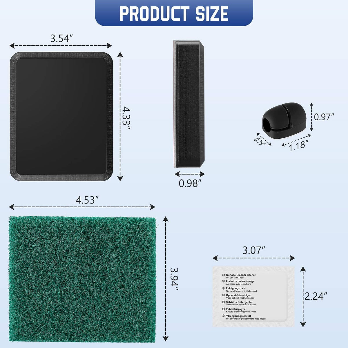 Black transducer mounting plate size layout with green cleaning pad and small black caps