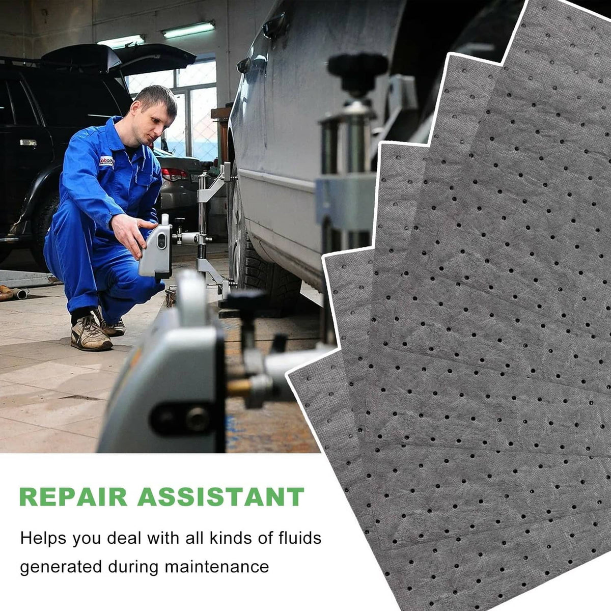 Gray oil absorbent pads fanned out with perforated surface for absorbing leaks