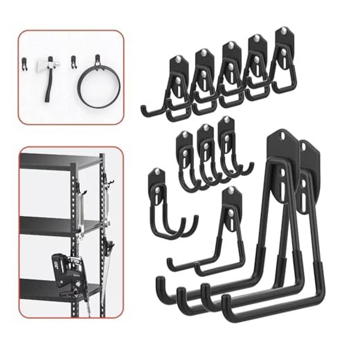 Black wall-mount tool hooks set with multiple curved arms and rectangular plates