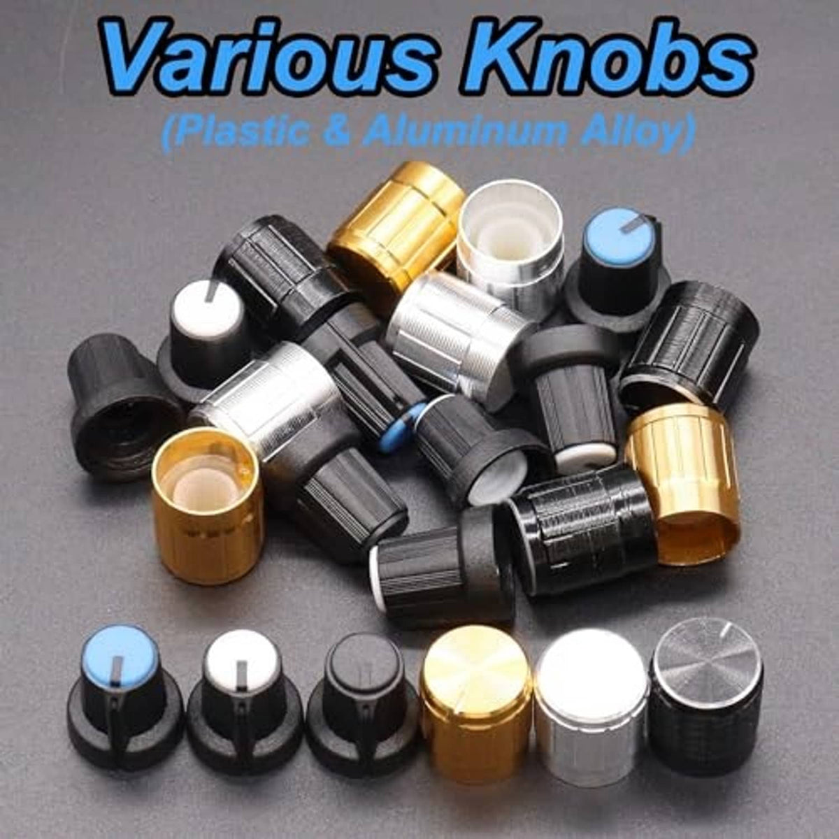 Mixed potentiometer knobs set: black, silver, gold, and blue plastic and aluminum styles