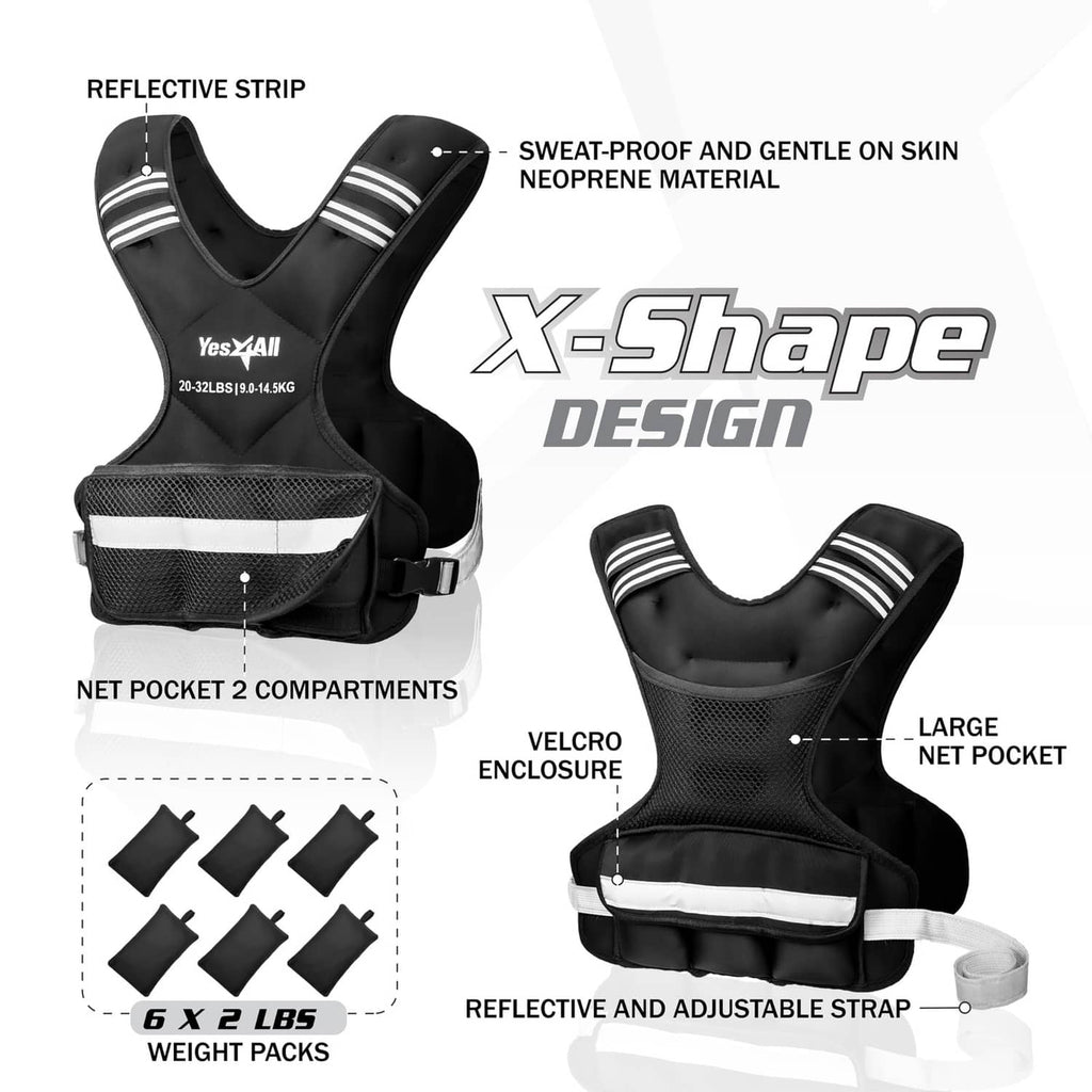 Black weighted vest with reflective strip, net pocket compartments, and adjustable Velcro strap