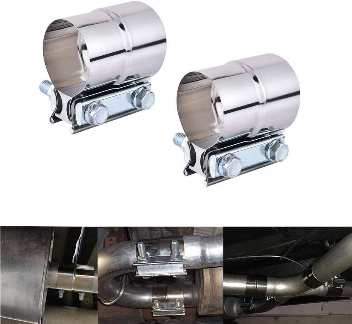 Two-piece stainless exhaust band clamps with bolts, shown for muffler-to-pipe connection