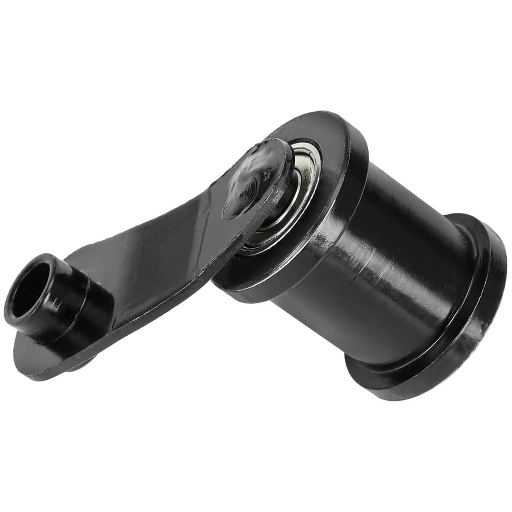 Mini bike chain tensioner with black roller and bracket, showing pivot end and roller face