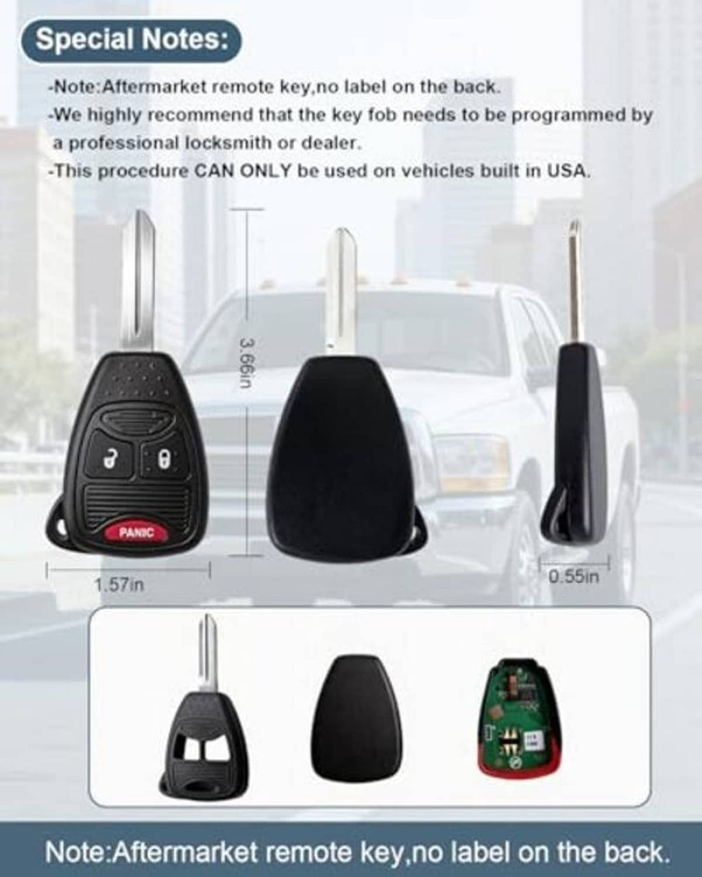 Black remote key fob set showing key blade, front and back views with Panic button