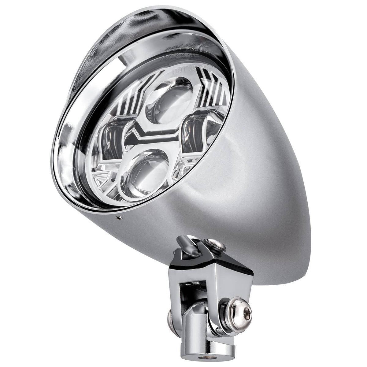 Chrome LED bullet headlight with clear reflector lenses and side mounting hardware