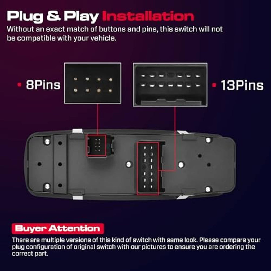 Power window switch rear view with connector pin area and mounting tabs