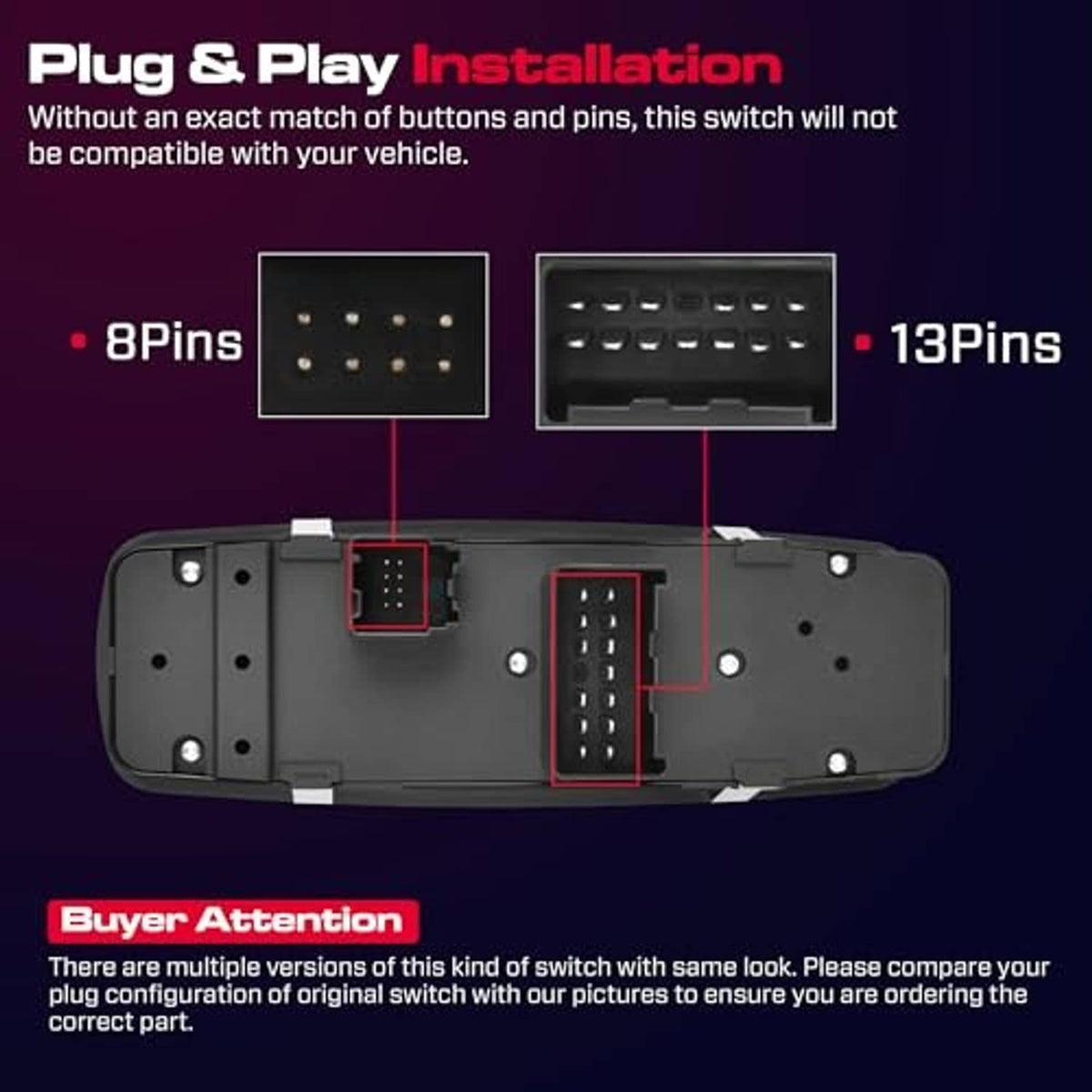 Power window switch rear view with connector pin area and mounting tabs