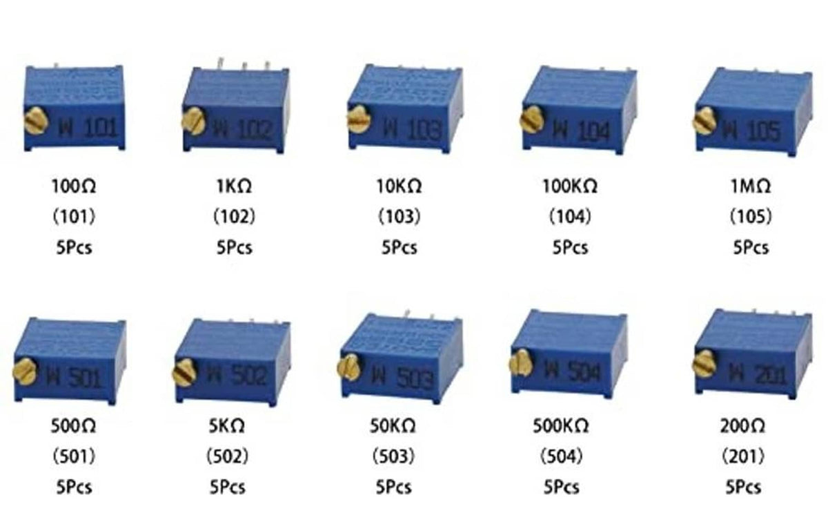 Assorted blue multiturn trimmer potentiometers with gold adjustment posts