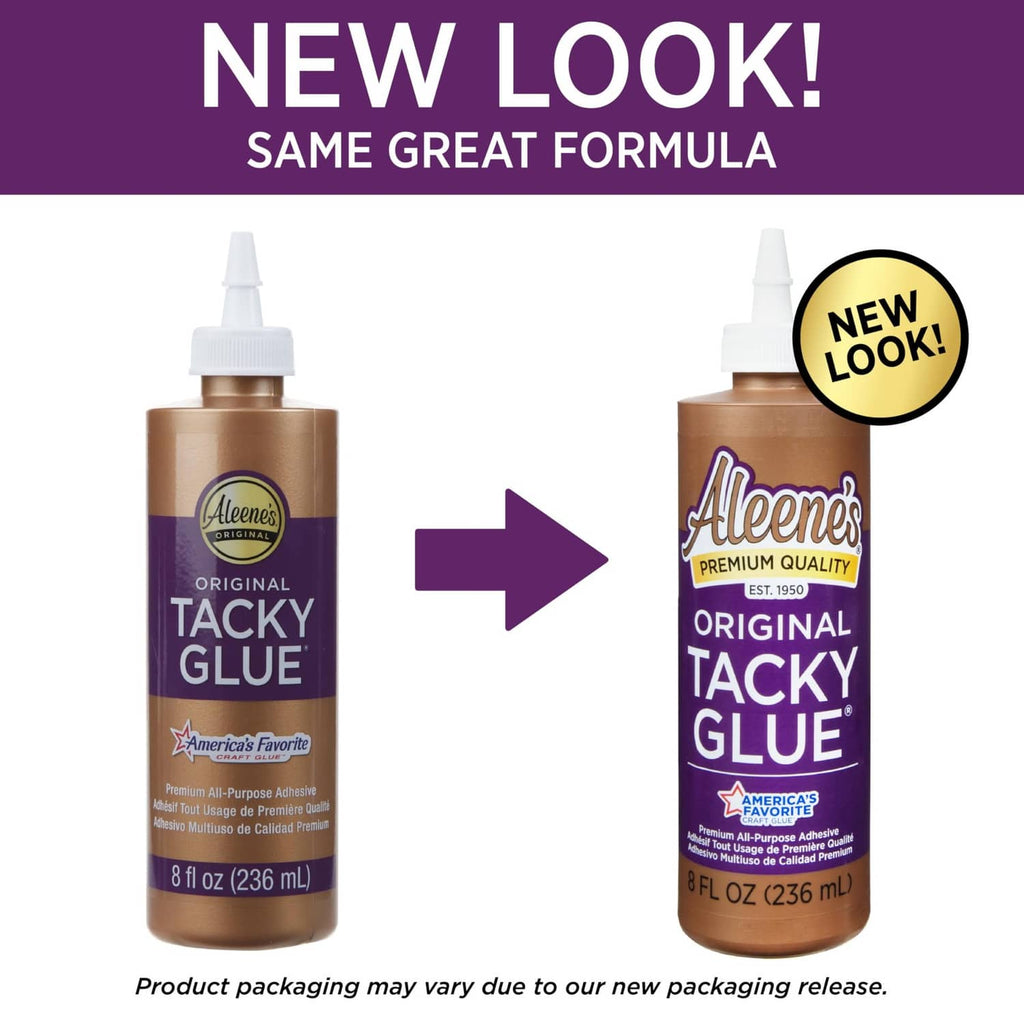 3-pack Original Tacky Glue bottles labeled New Look, same formula arrow