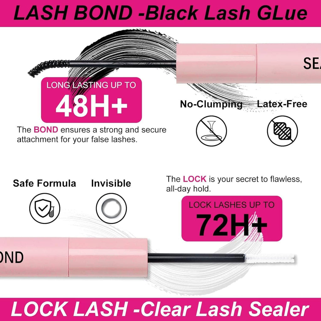 Lash bond black glue and clear lash sealer tubes with applicator brush