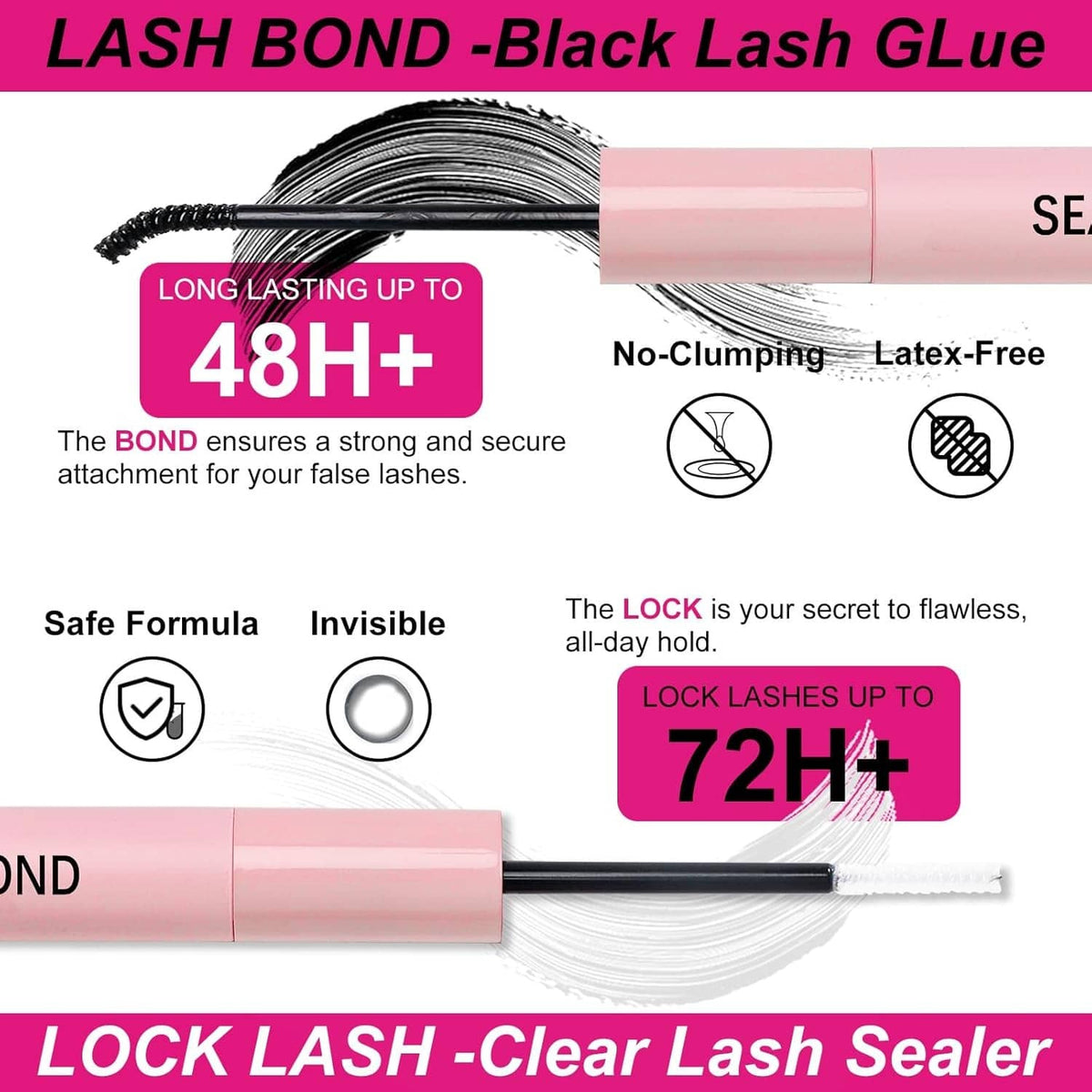 Lash bond black glue and clear lash sealer tubes with applicator brush