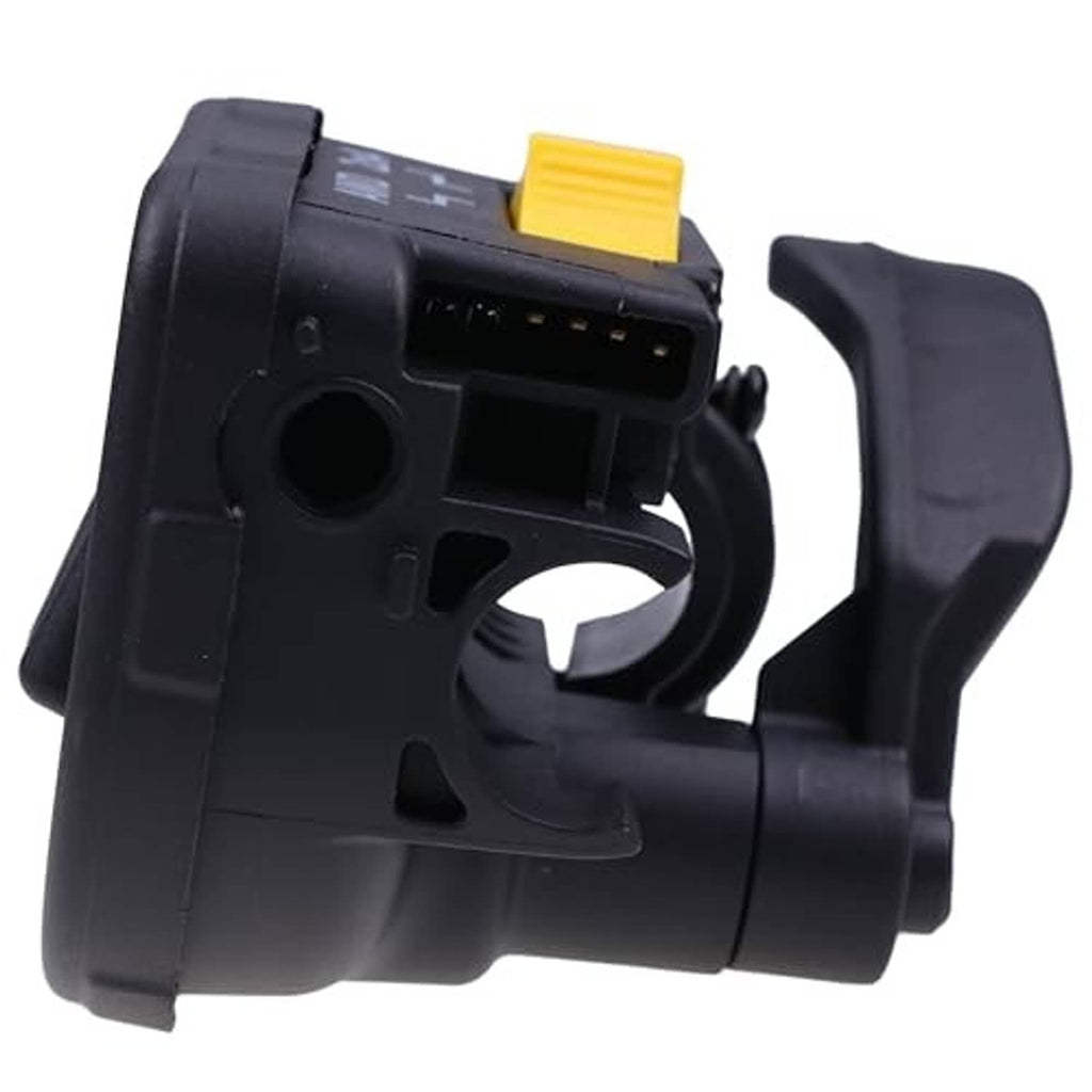 Thumb throttle lever back view with yellow tab and connector opening, black plastic