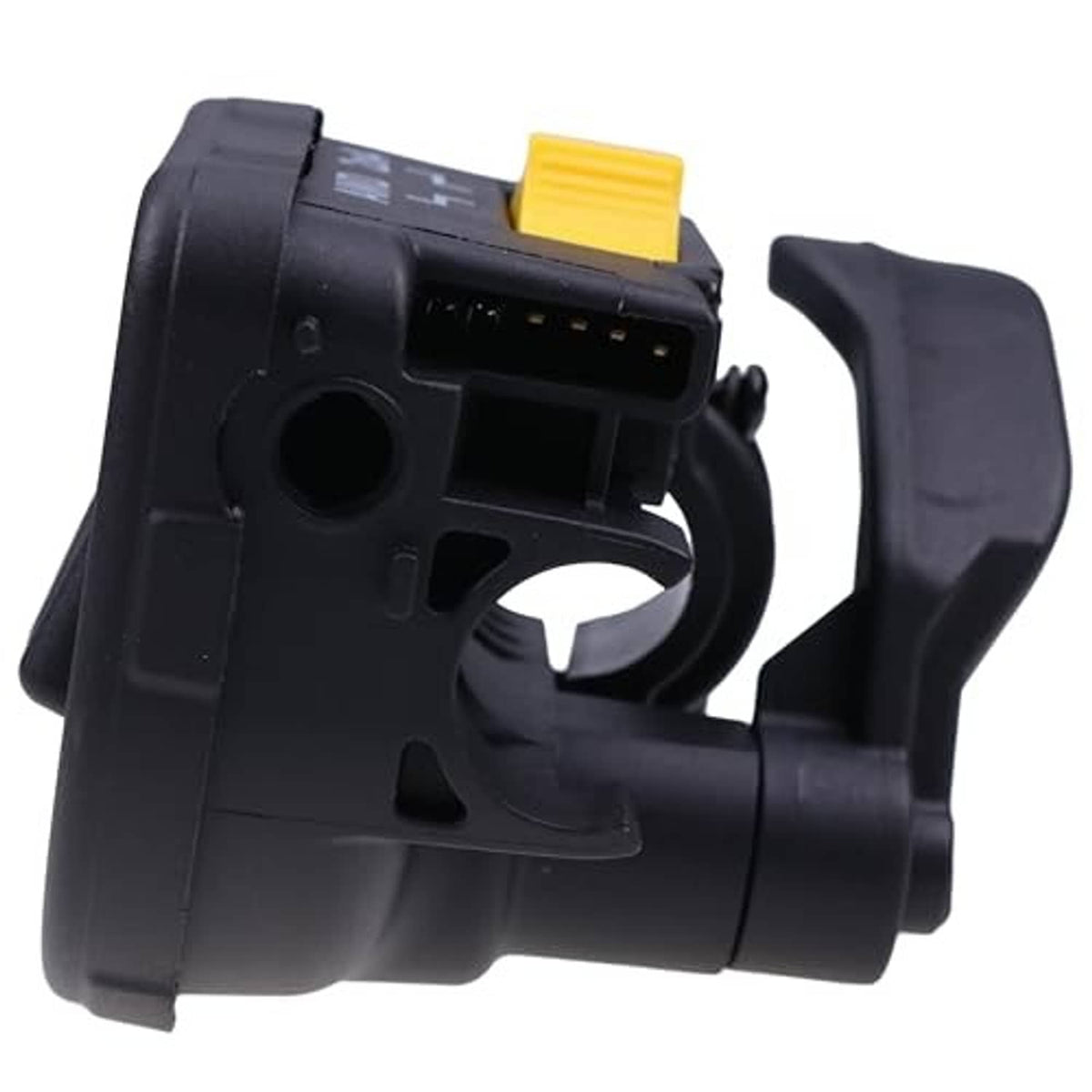 Thumb throttle lever back view with yellow tab and connector opening, black plastic