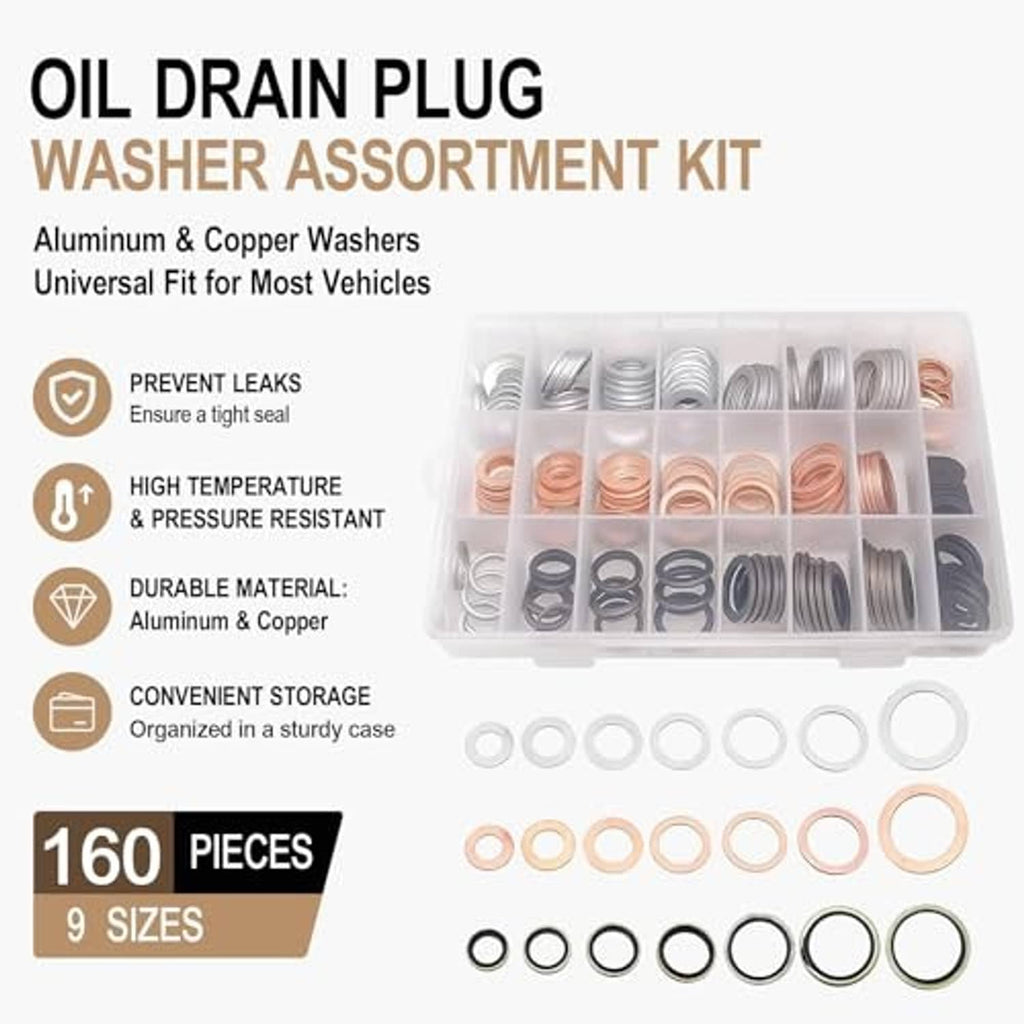 Oil drain plug washer assortment kit in clear case with silver, copper, and dark washers