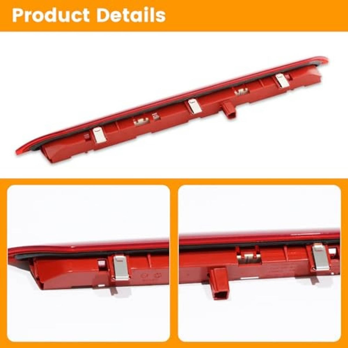 Red LED third brake light housing with mounting clips and terminals