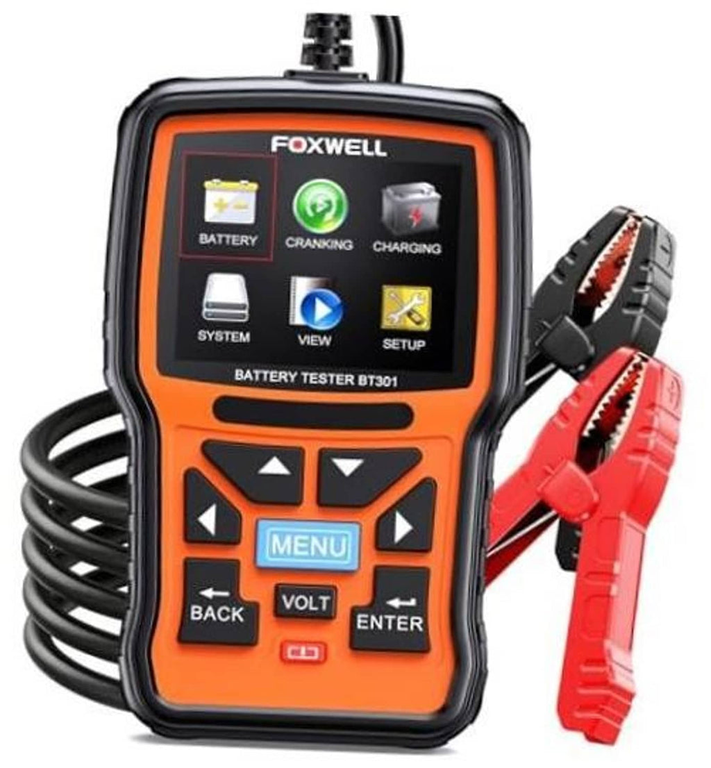 Orange and black 12V battery tester with LCD screen, plus red and black clamp leads