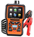 Orange and black 12V battery tester with LCD screen, plus red and black clamp leads