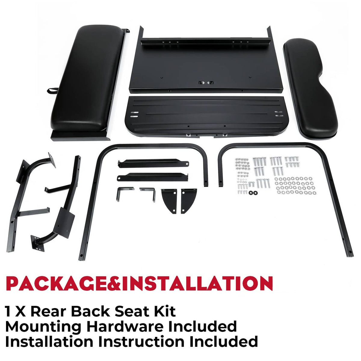 Rear back seat kit contents with folded seat frames, mounting hardware, and instruction parts