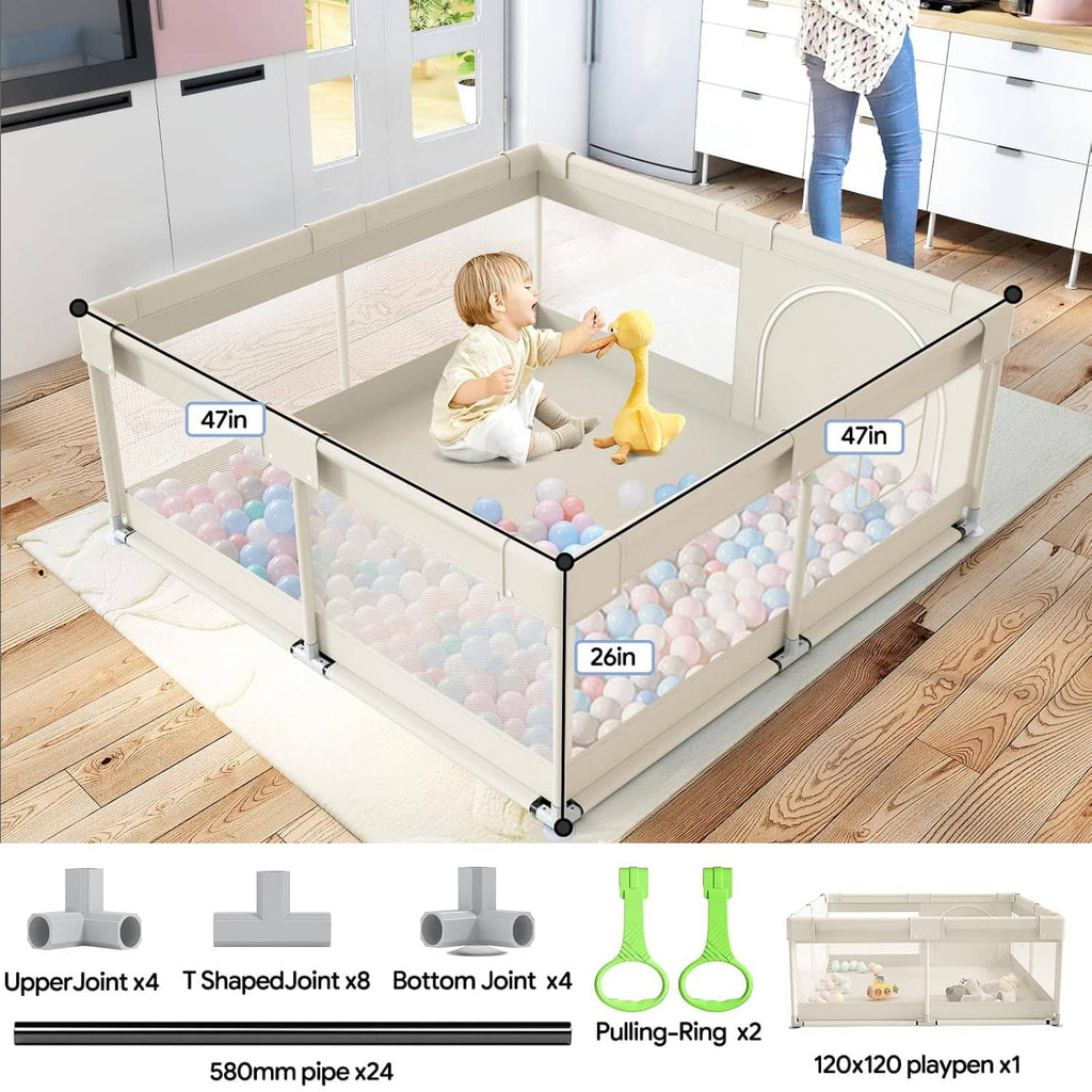 Beige baby playpen with mesh sides and corner posts, padded ball pit floor for toddlers