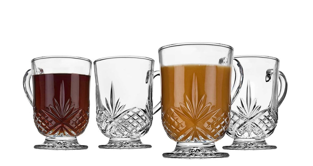 Dublin collection glass coffee mug set, clear with cut floral pattern and handles