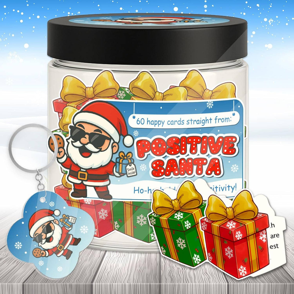 Front view of Santa-themed card jar with keychain charm and gift-card insert cutouts
