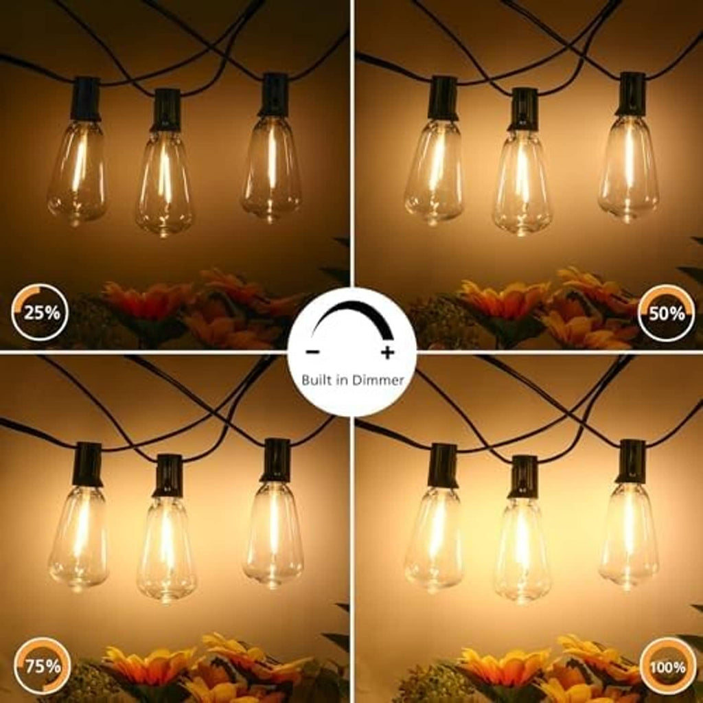 Black-wire LED string lights with clear bulbs and dimmable warm light