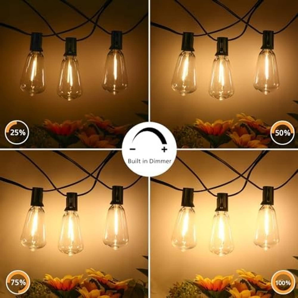 Black-wire LED string lights with clear bulbs and dimmable warm light