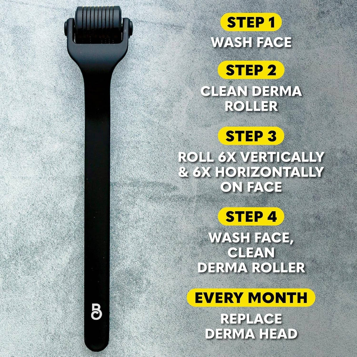 Black beard derma roller tool with numbered face-use steps
