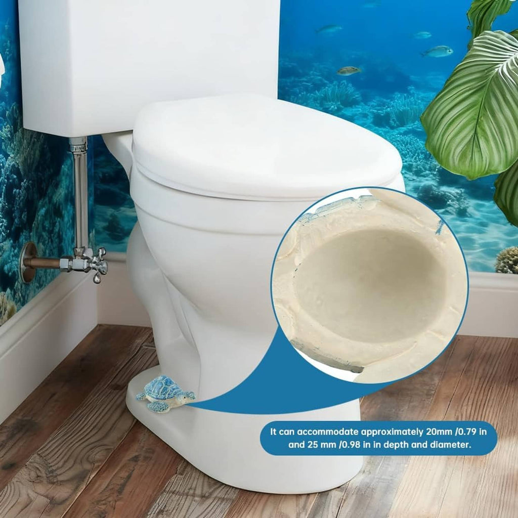 Blue turtle-shaped toilet bolt cover on a white toilet with underside inset