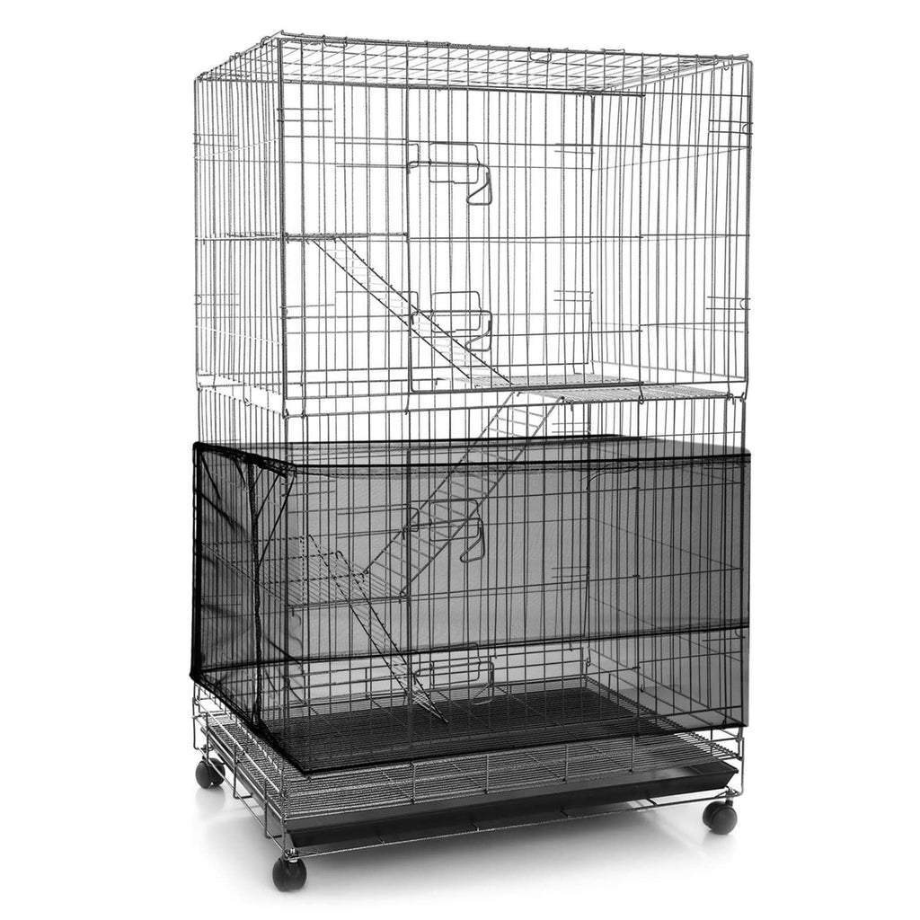 Black birdcage cover net and seed catcher, fitted over a wire bird cage with base tray