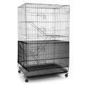 Black birdcage cover net and seed catcher, fitted over a wire bird cage with base tray