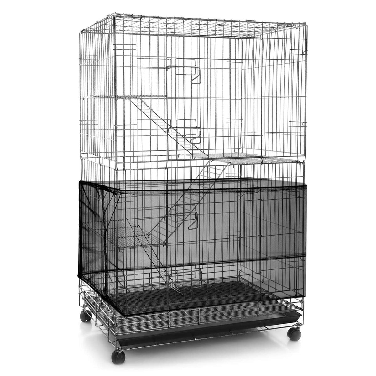 Black birdcage cover net and seed catcher, fitted over a wire bird cage with base tray