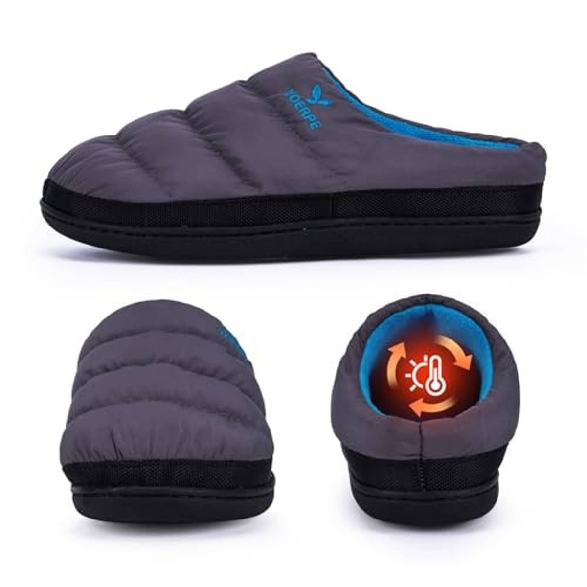 Two-tone slip-on slippers with black textured sole and blue-lined opening