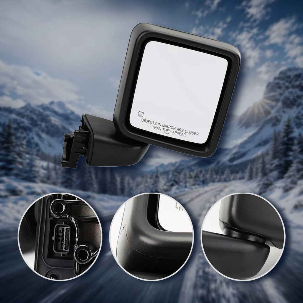 Black power heated side mirror with blank glass and mounting bracket, close-up view