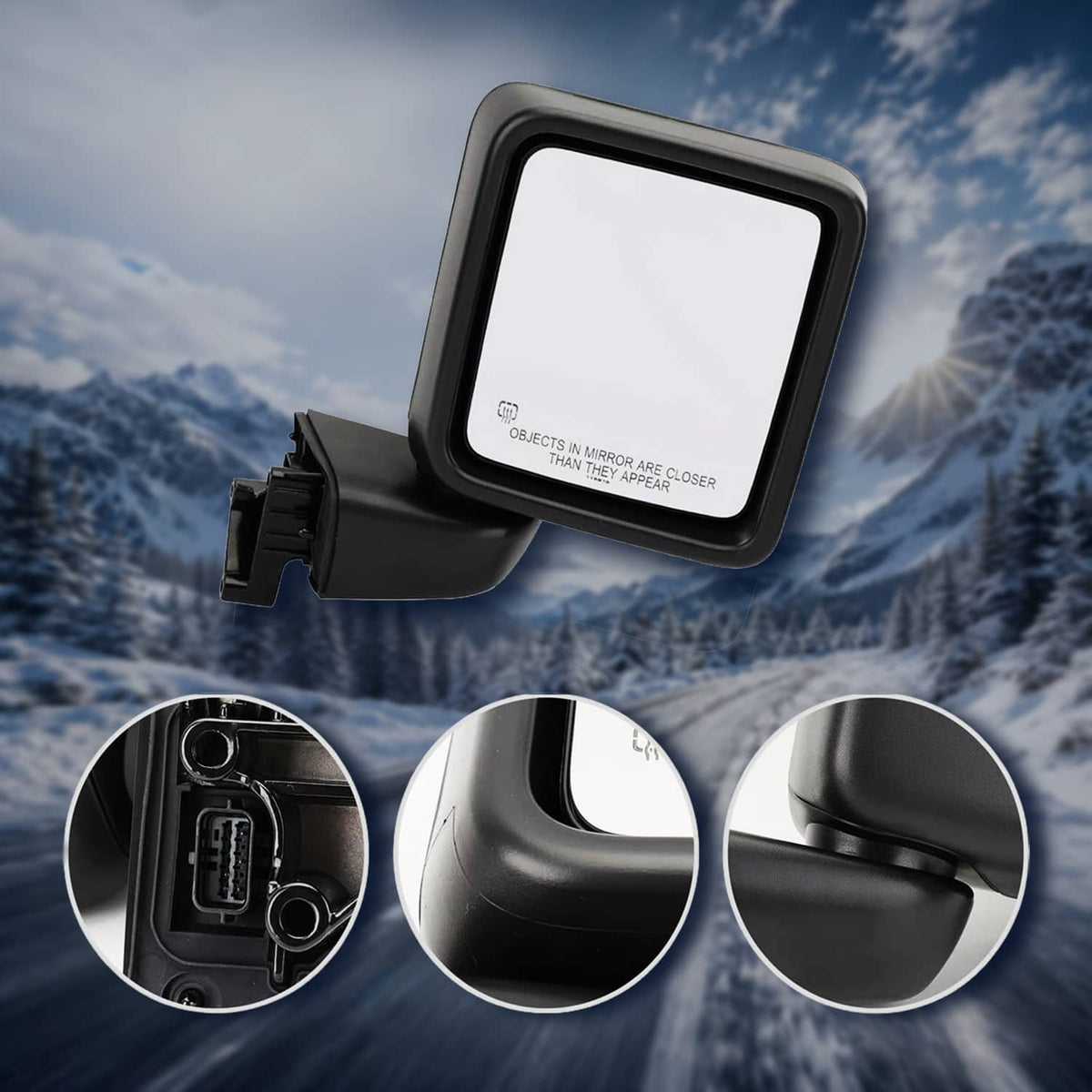 Black power heated side mirror with blank glass and mounting bracket, close-up view