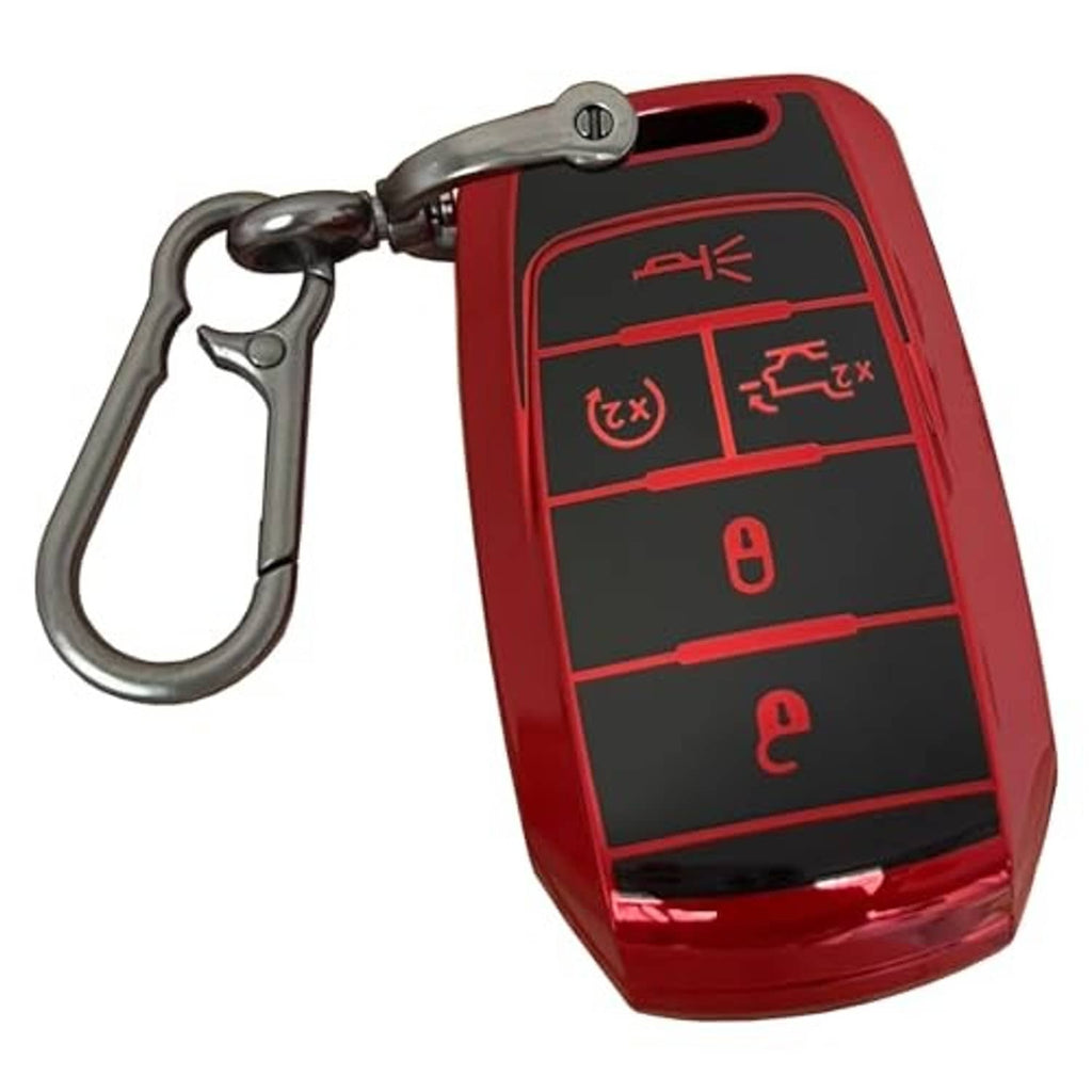 Red and black key fob shell cover with keychain ring, button icons, and side slit.
