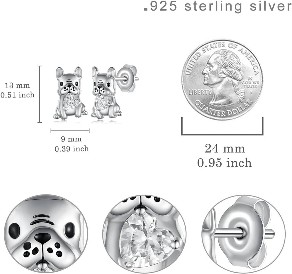 French bulldog stud earring set with clear crystal and 925 sterling silver dimensions
