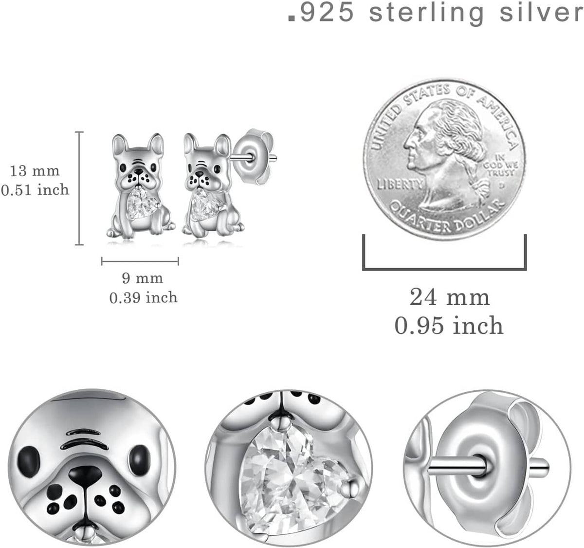 French bulldog stud earring set with clear crystal and 925 sterling silver dimensions
