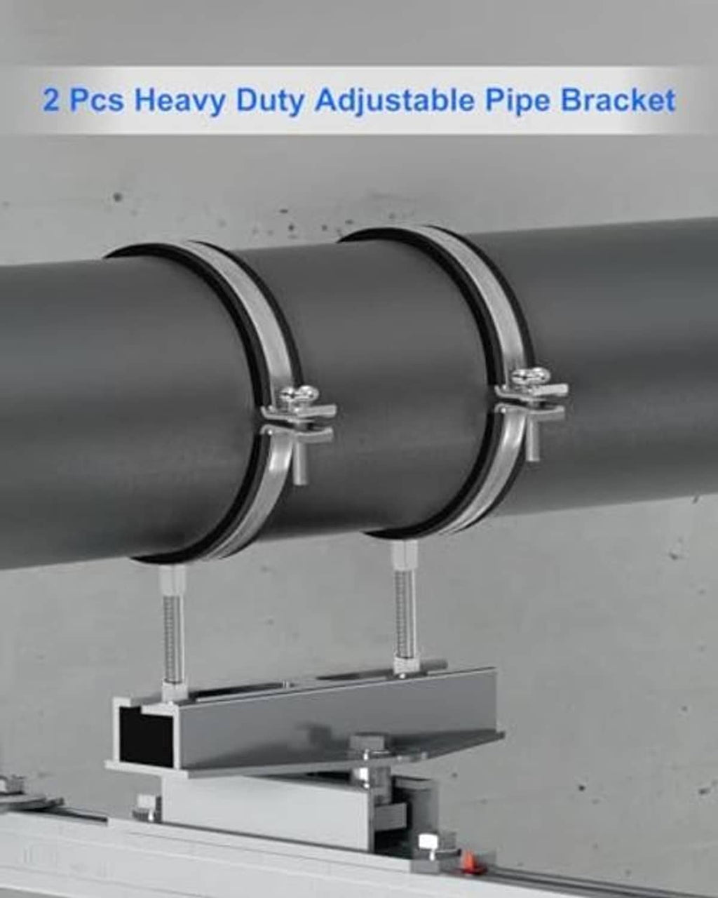 Adjustable pipe bracket pair mounted on a round pipe with black support rings and bases