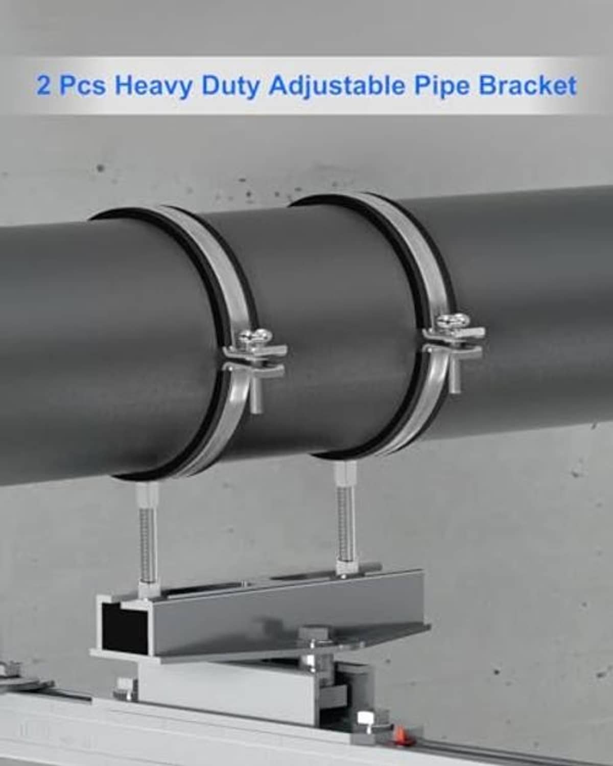 Adjustable pipe bracket pair mounted on a round pipe with black support rings and bases
