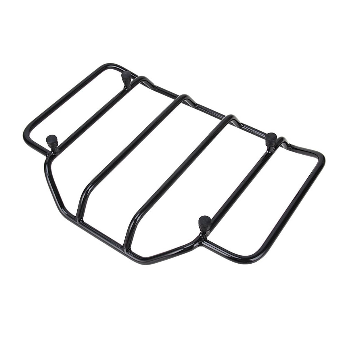 Black luggage top rack with slatted center bars and four mounting knobs