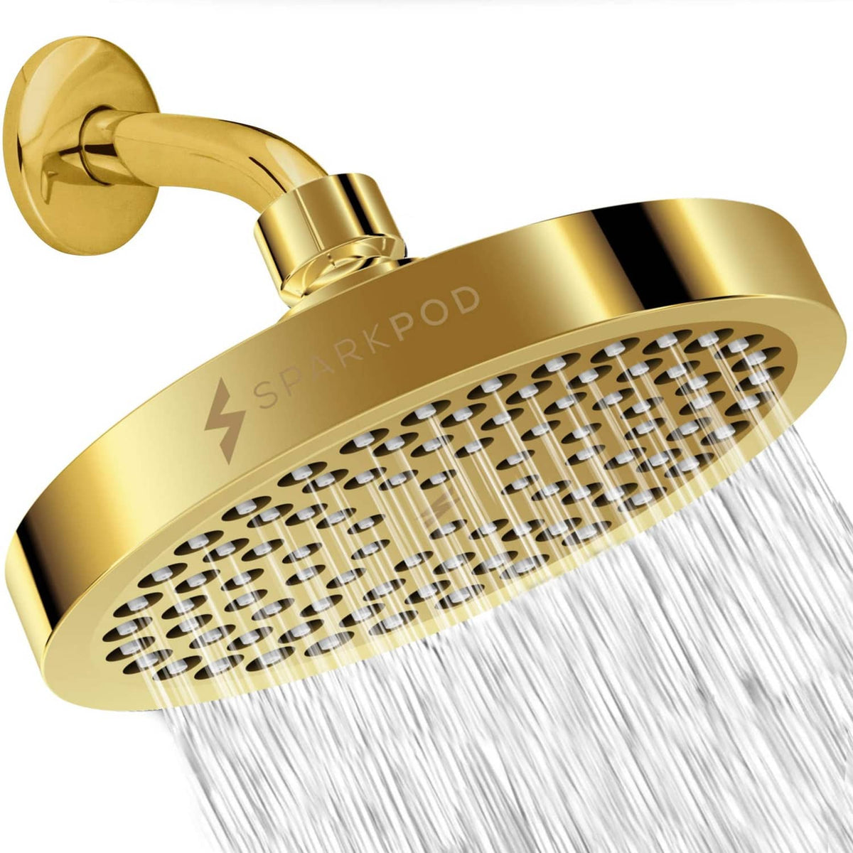 SparkPod 6-inch round rain shower head in Egyptian gold with clustered nozzle face