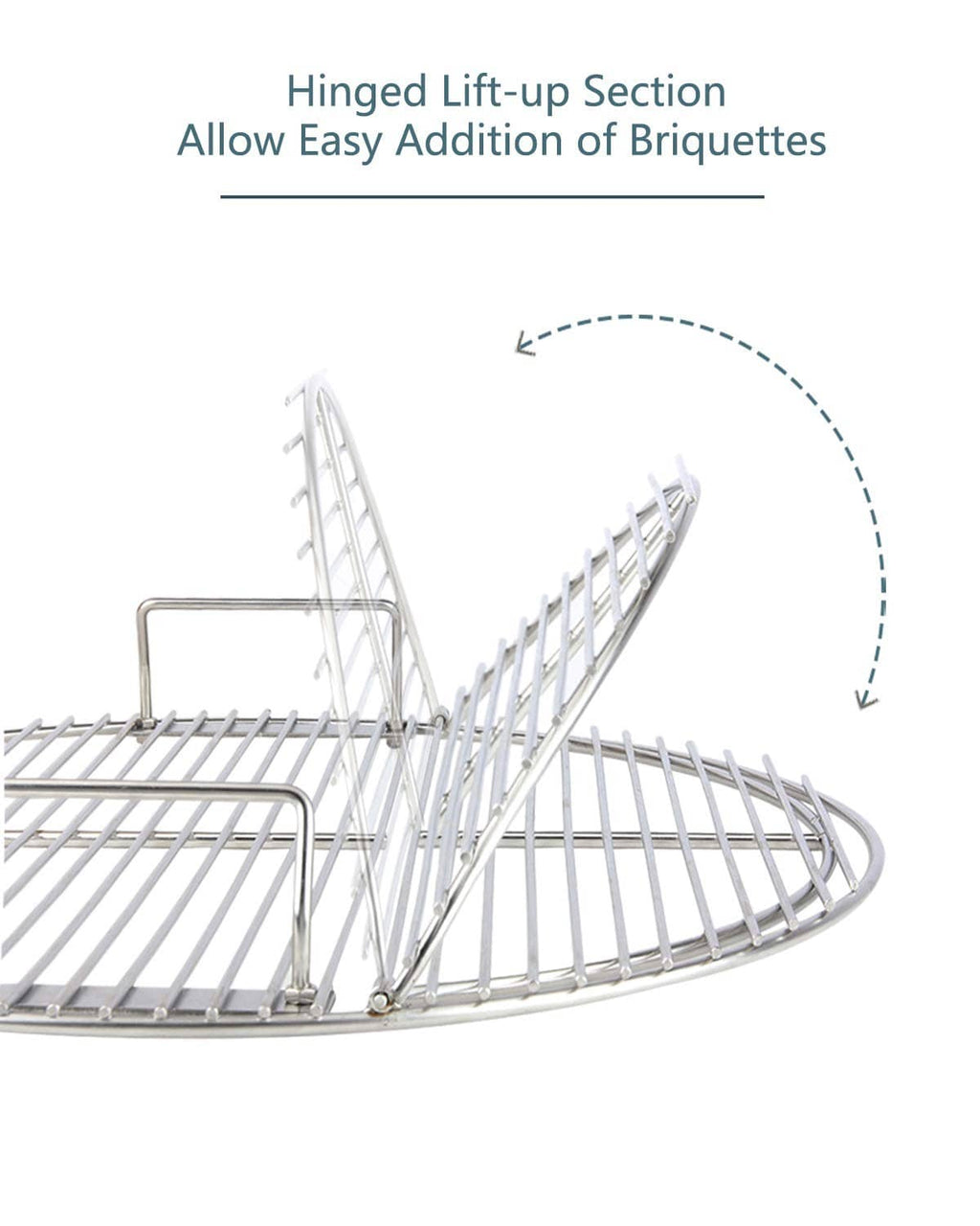 Hinged stainless steel lift-up section cooking grate for adding briquettes