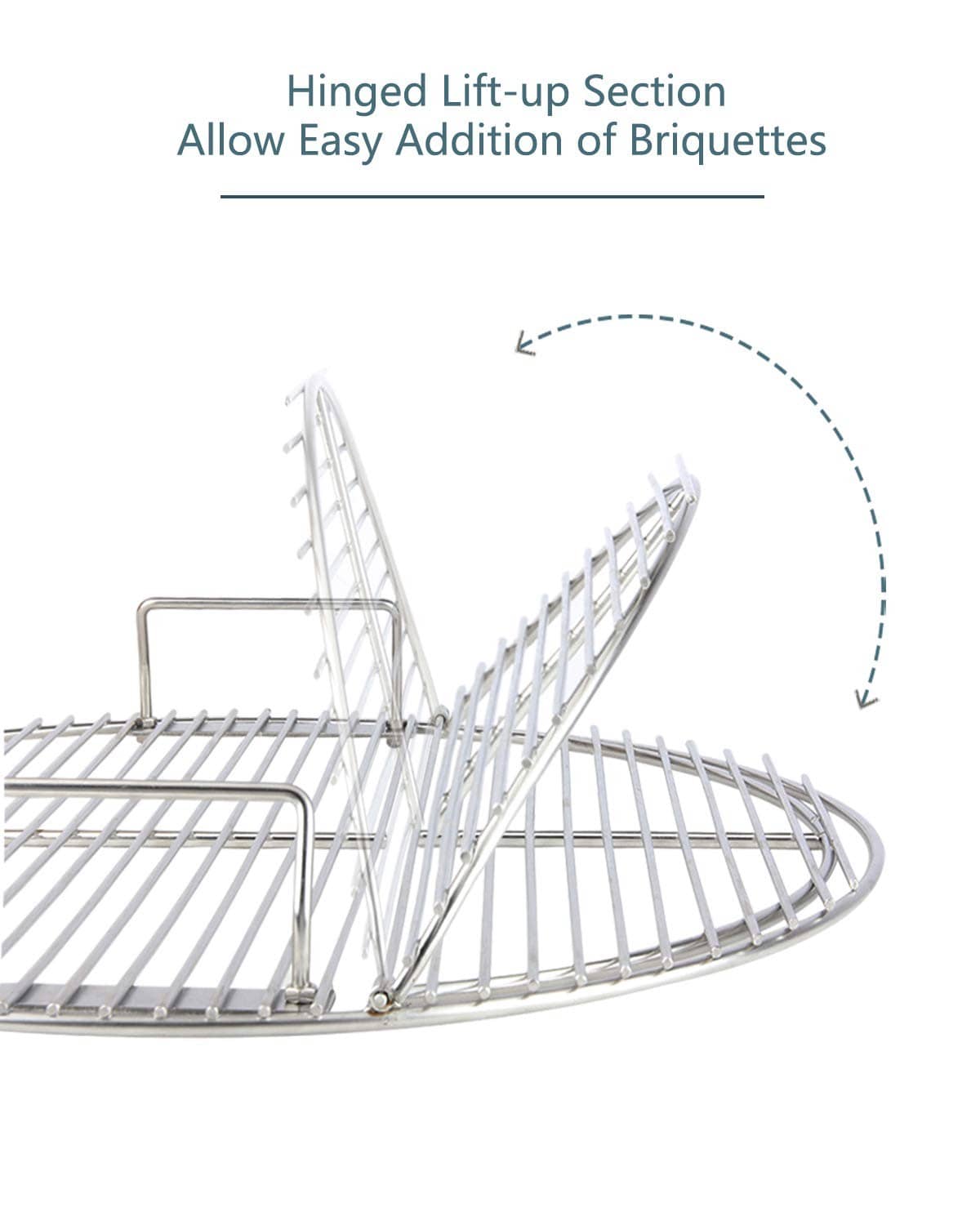 Hinged stainless steel lift-up section cooking grate for adding briquettes