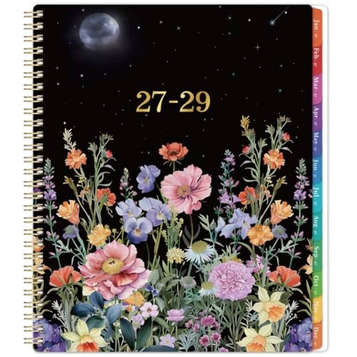 2027-2029 floral starry monthly planner, black cover with '27–29' and gold spiral