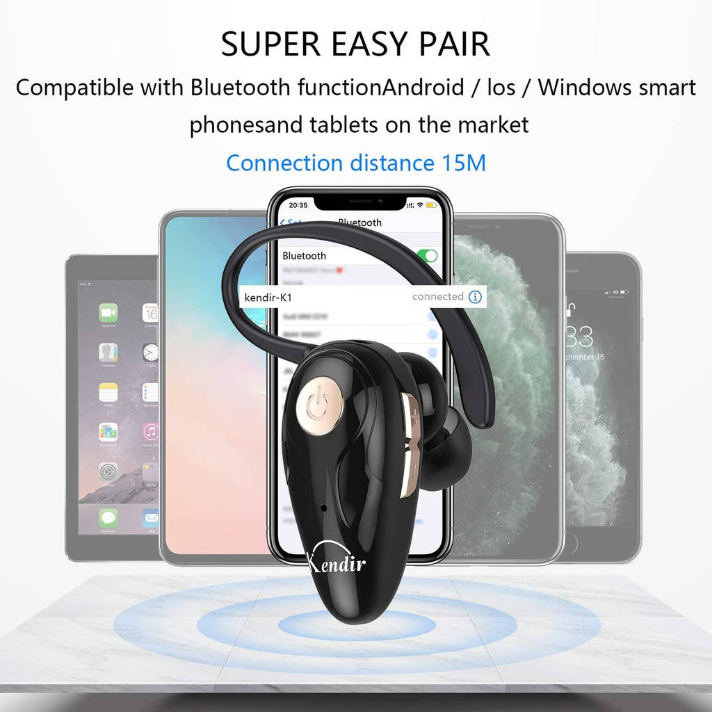 Black Bluetooth headset with curved ear hook and in-ear earbud
