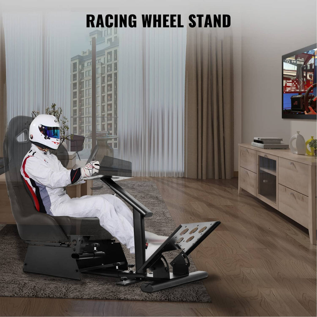 Racing wheel stand with gray seat and adjustable steering column for home setup