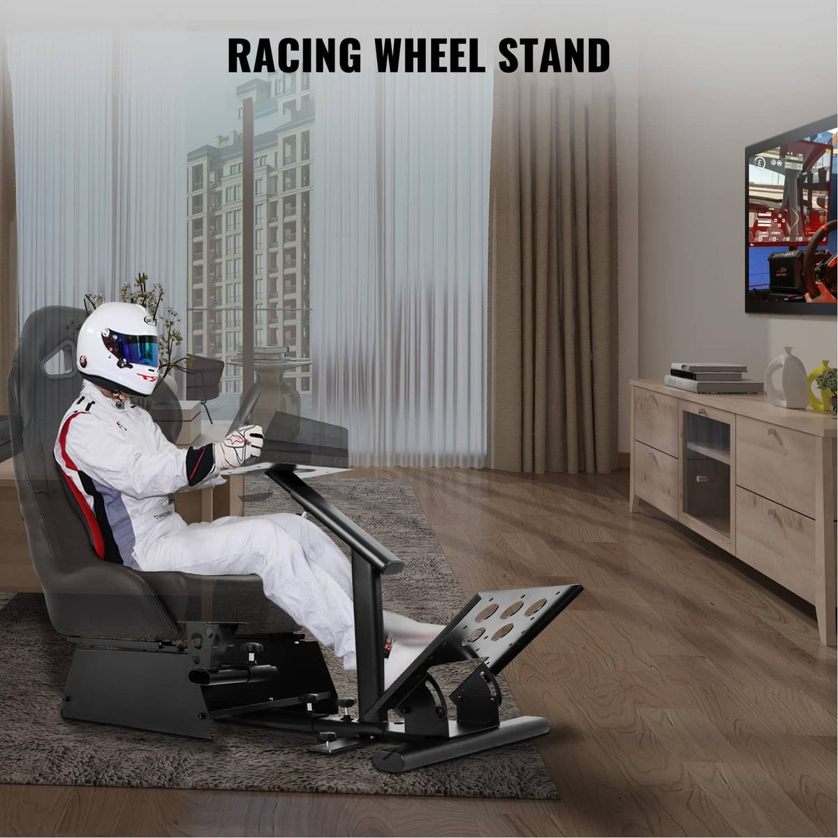 Racing wheel stand with gray seat and adjustable steering column for home setup