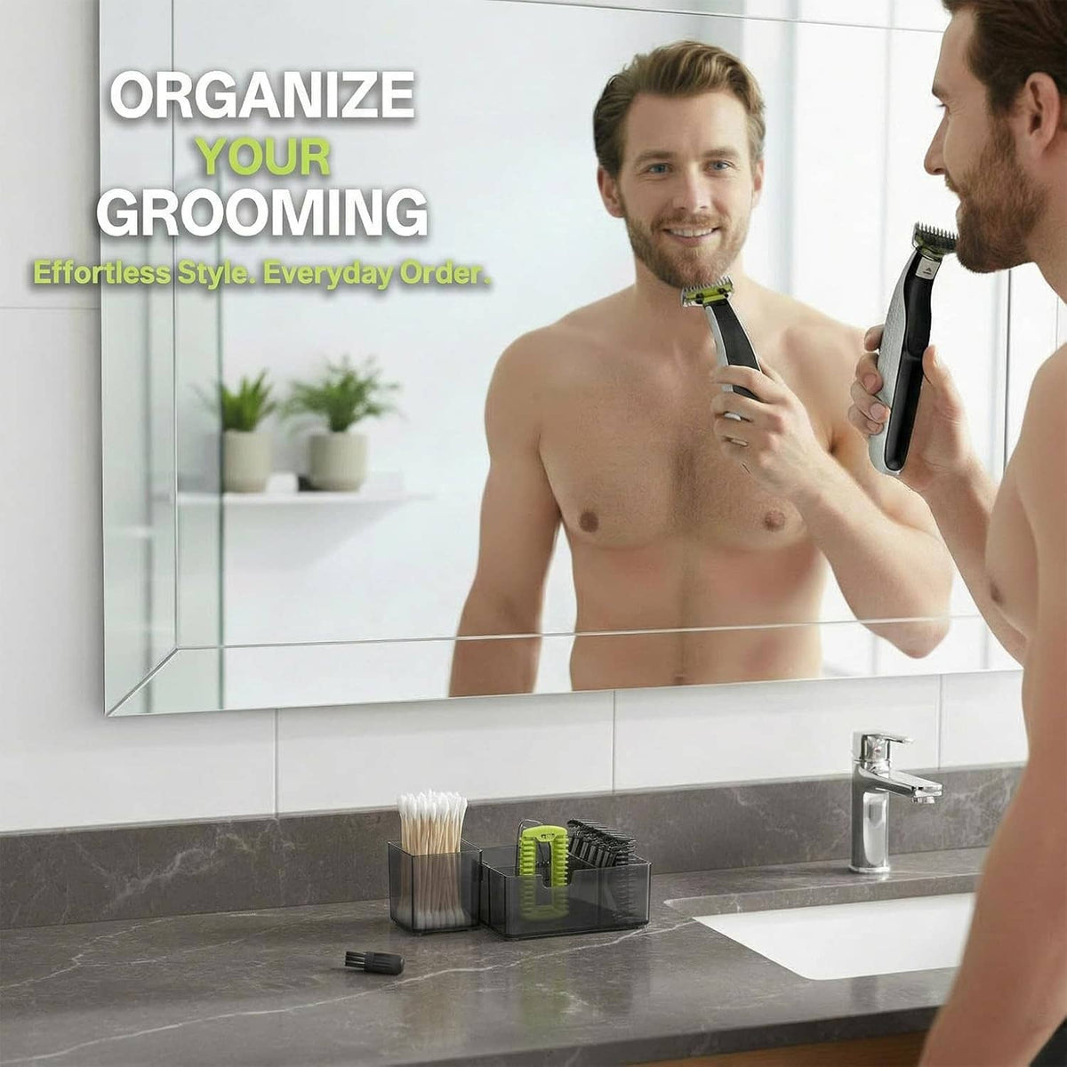 OneBlade grooming set with guard combs, shown with trimmer held at the face